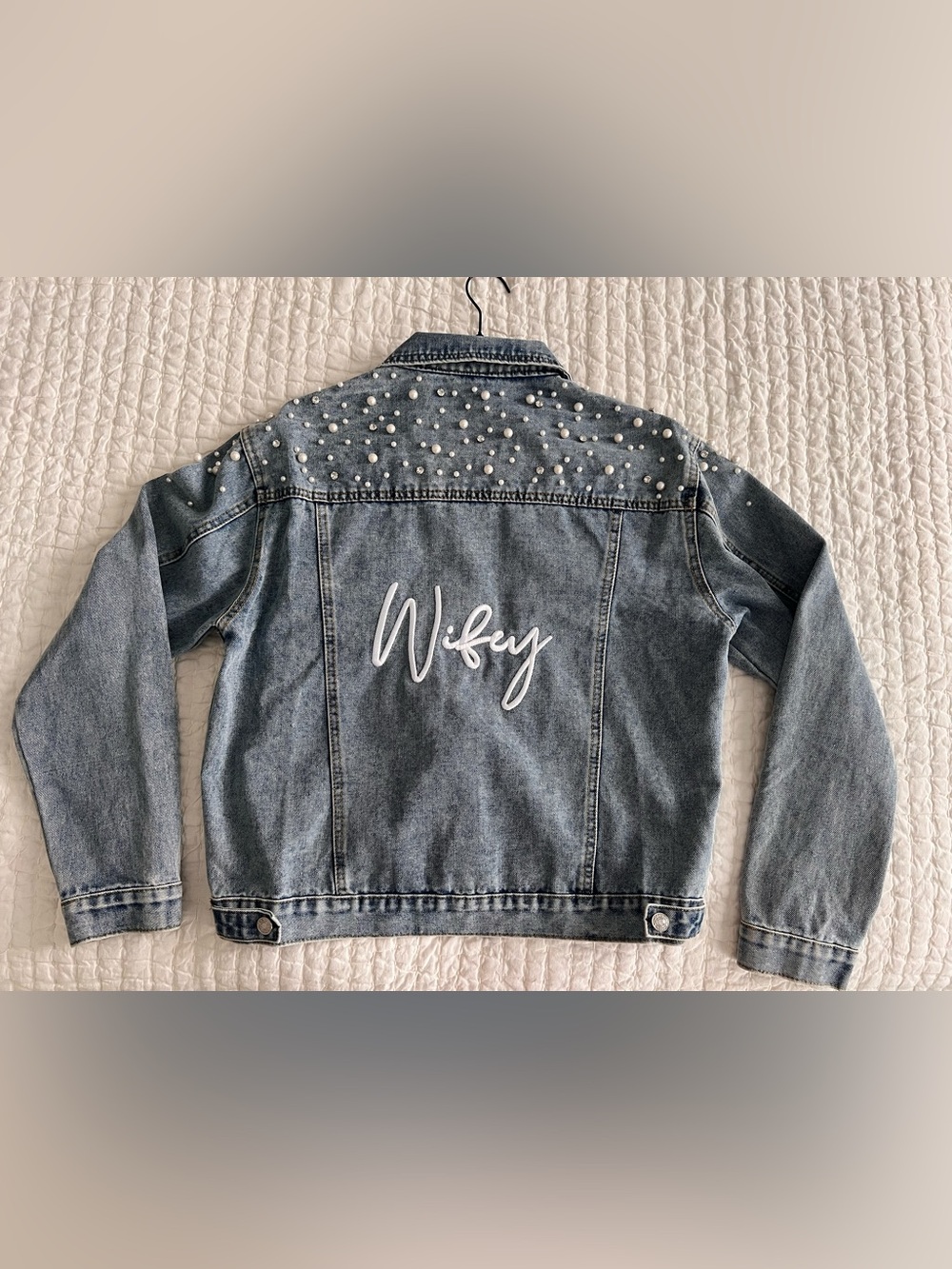 Bridal Pearl & Rhinestone “Wifey” Denim Jacket